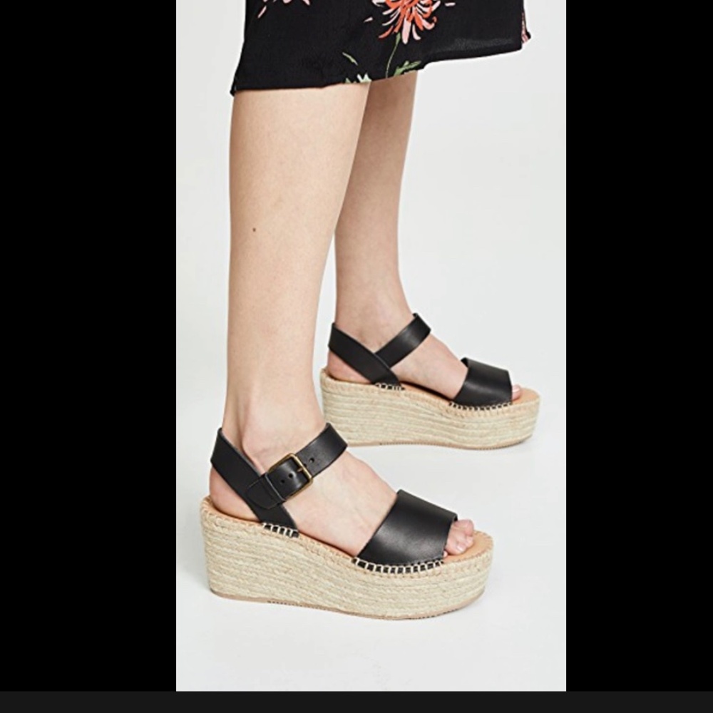 Soludos Minorca Black Leather Ankle Strap Espadrille High Platform Sandals